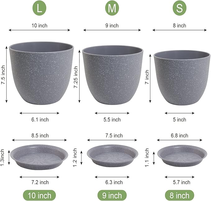 WOUSIWER Plant Pots 10/9/8 inch Set of 3 Modern Decorative Plastic Planters with Drainage Holes and Saucers for House Plants Indoor Flowers Plants Grey Speckles