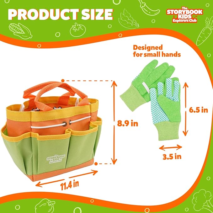 Matching Board Book - Green Kids Gardening Tools Set Includes Sturdy Tote Bag Watering Can Shovel Rake and Trowel - Garden Storybook - Kids Garden Tools- Easter Gifts for Toddler Age on up.