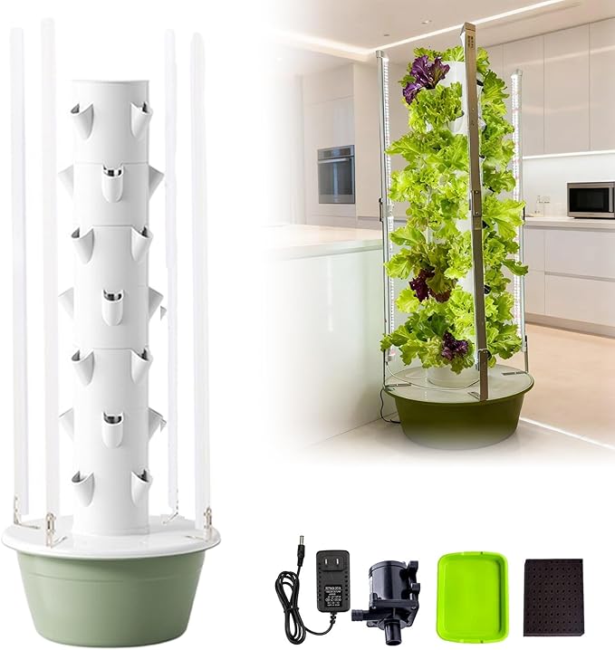 Hydroponics Growing System 7 Layer 28 Pods Intelligent Timer 30L Vertical Hydroponic for HerbsVegetablesFruitTomatoPepperCucumberLettuce Green-IndoorWithLEDLight