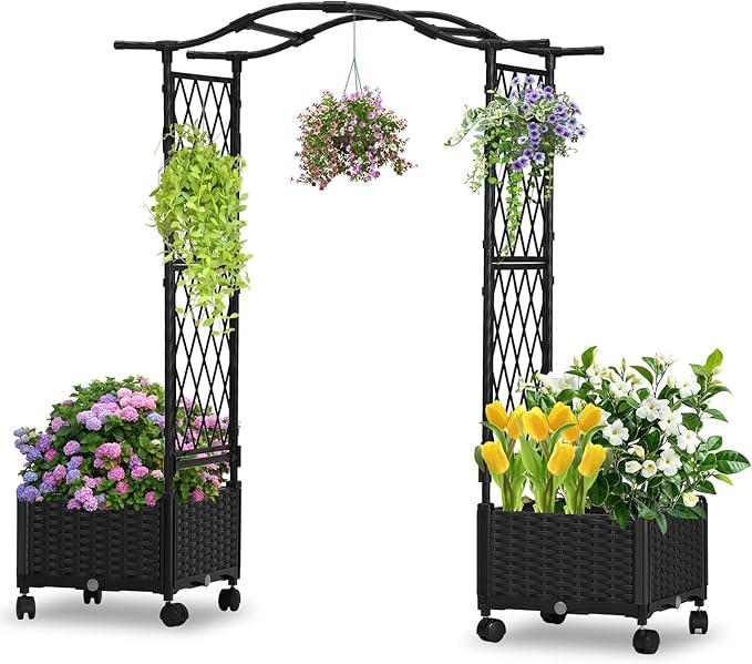 Planter Box with Trellis Outdoor Plastic Raised Garden Bed Trellis Planter Box with Wheels and Drainage Hole for Patio Balcony Backyard Indoor Flower Vegetable Tomato Black