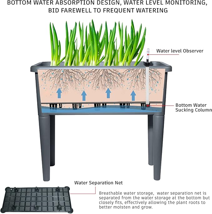 FENCETECH 20.8 Gallon Self Watering Raised Garden Bed with Greenhouse Cover 30 x 25.6 x 15 Plastic Plant Box with Legs and Drainage Plug Grey