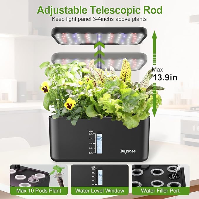 Hydroponics Growing System Indoor Herb Garden 10-Pod Indoor Gardening System with 24W Full-Spectrum LED Grow Lights Quiet Smart Water Pump Plant Germination Kit for Herbs Vegetables