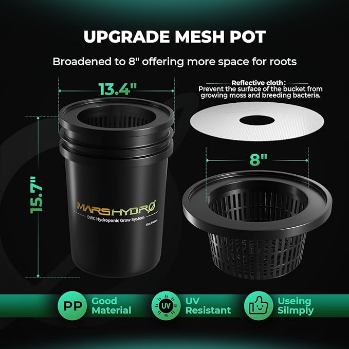 Mars Hydro DWC Hydroponics Grow System 5 Gallon Deep Water Culture with 8W Air Pump Multi-Purpose Air Hose Air Stone 2 Buckets and Top Drip Kit