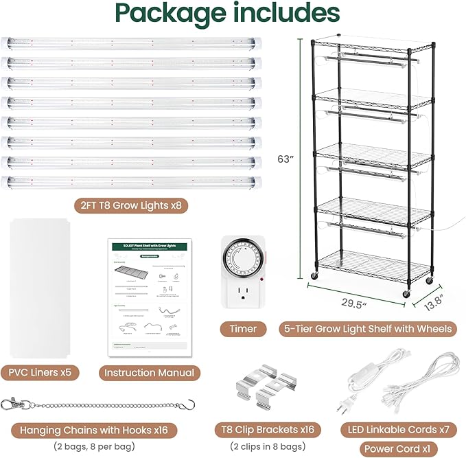 SOLIGT Plant Shelf with Grow Lights 5 Tier Grow Light Stand Rack with 8 Pack 2FT 6000K T8 Full Spectrum Led Grow Lights for Indoor Plants Seed Starting Seedling Growing Timer Included