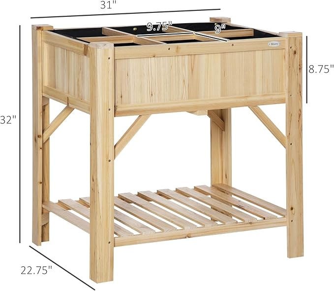 Outsunny Raised Garden Bed Wood 6 Grid 31 x 23 with Storage Shelf Water Draining Planter Box for Vegetables Flowers Herbs Patio