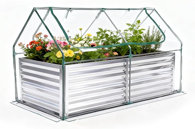 DUMOS Galvanized Raised Garden Bed with Cover 6x3x2ft Planter Box Outdoor for Deep-Rooted Herbs/Flowers/Vegetables Large Metal Garden Bed Mini Greenhouse for Patio Balcony and Backyard Silver