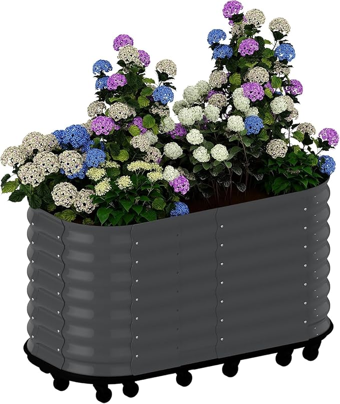 Self-Watering Wheeled Metal Garden Bed with Built-in Water Storage Mobile Raised Planter Box with Lockable Wheels Indoor/Outdoor Rolling Grow Station for Veggies