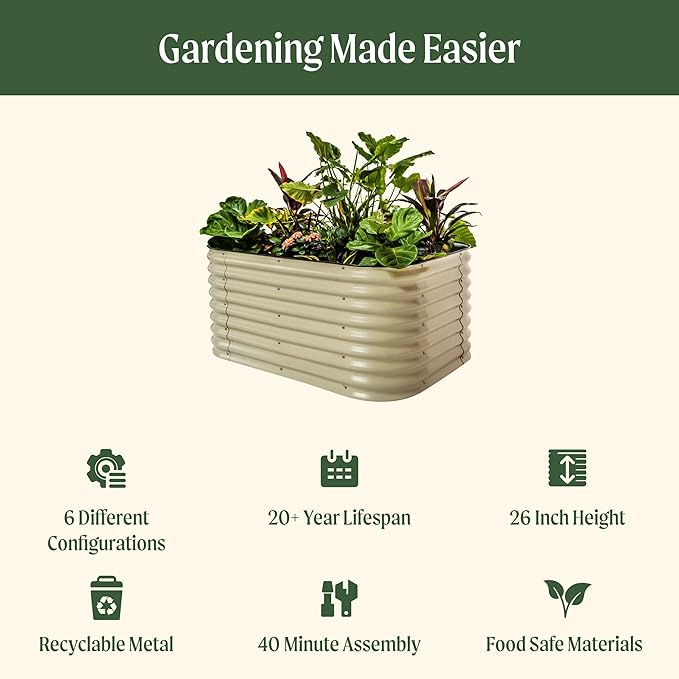 Vego garden 26 Extra Tall Raised Garden Bed Kits 6 in 1 Modular Raised Planter Box for Vegetables Flowers Fruits Oval Metal Raised Garden-Olive Green