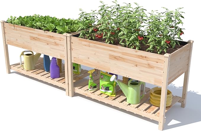 Gotland 2pcs Raised Garden Bed with Legs Raised Beds for Gardening with Storage Shelf Bed Liner Drainage Holes Wooden Planter Raised Beds Raised Planter Box Backyard Patio Balcony Natural