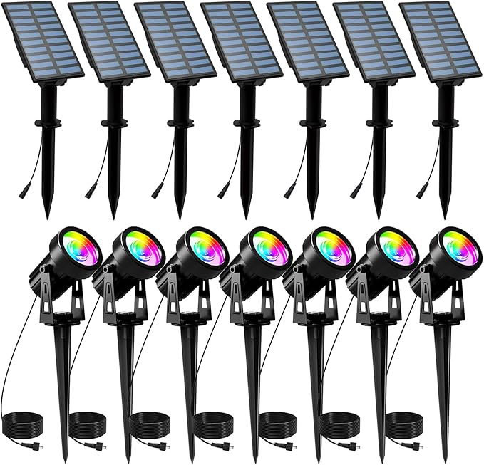T-SUNUS Halloween Color Changing Solar Landscape Spotlights 7Pack IP65 Waterproof Garden Lights 9.8ft Cable Outdoor RGB Spot Light with Separated Panel for Christmas Yard Driveway Walkway Pool Patio