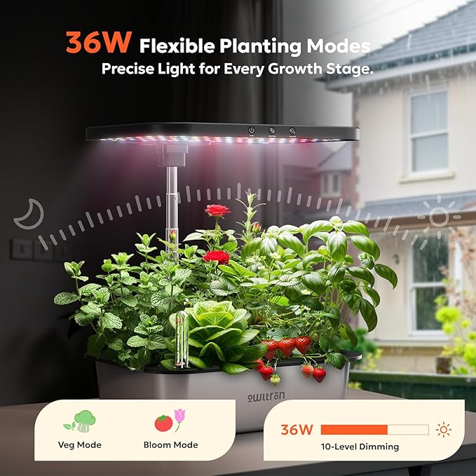 owltron Smart Hydroponics Growing System Kit15 Pods Indoor Herb Garden with 36W LED Grow Light &amp APP Control Planting Height Up to 30 Quiet Water Pump Stainless Steel - Ideal Gift for All Age