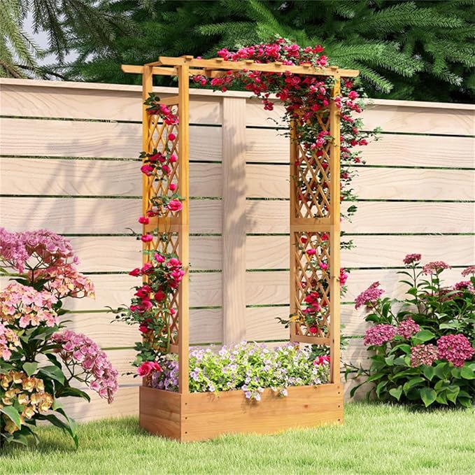 70 Tall Pine Wooden Raised Garden Bed with Trellis &amp Flat Roof Planter Box for Climbing Plants Outdoor Planting Stand Roof Climbing Plant Support Raised Beds Backyard Planter Wooden Garden Pla