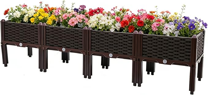 Raised Garden Bed with Drainage Elevated Planter Box Plastic Raised Beds for Gardening Vegetables Herb Flowers Perfect for Vegetables Flowers Fruits 4 Boxes Brown