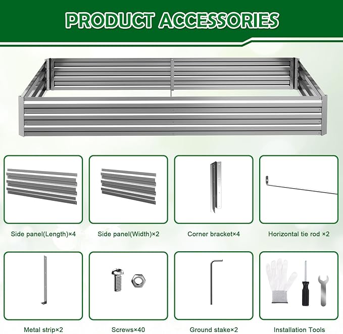 2PCS 8x4x1FT Galvanized Raised Garden Bed Outdoor Patio Large Rectangular Metal Planter BoxesPlant Container Kit for Gardening Vegetables Flowers HerbsSilver
