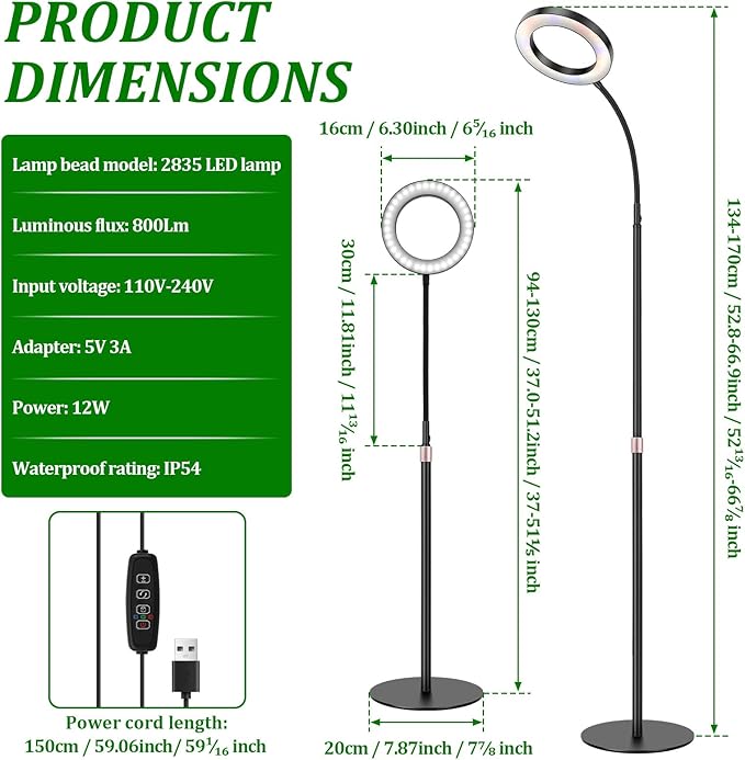 Grow Light for Indoor Planting Full Spectrum 1.70m Planting Light with 360° Neck 3 Mode and 10 Dimmable Level 3/9/12H Timer 72 LED Height Adjustable Grow Lamp for Windowsill Bookshelf Corner