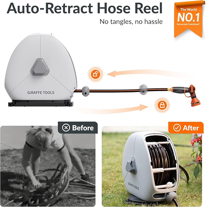 Giraffe Tools Ground Mounted Retractable Hose Reel 1/2 Inch x 82FT Heavy Duty Automatic Rewind Garden Hose Reel with Flexible Swivel Base for Lawn Concrete Floor
