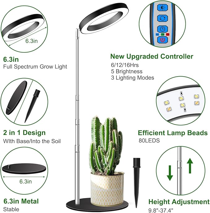 Grow Lights for Indoor Plants Full Spectrum 80 LEDs Plant Light for Indoor Plants Height Adjustable 6.3in Desktop Growing Lamp with Auto Timer 6/12/16Hrs 3 Optional Spectrums5 Brightness