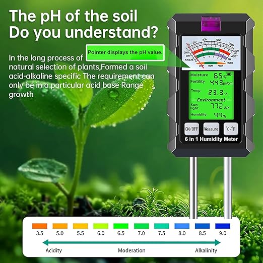 6-in-1 Soil Moisture Meter Hygrometer for Plants with Soil Moisture PH Meter Temperature Sunlight Fertility Environmental for Farming Gardening (2*AAA Battery Needed)