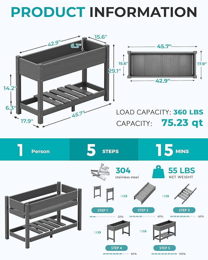 SERWALL Raised Garden Bed with Legs 43×17×30 Large HDPE Elevated Planter Box for Vegetables Flower Herb Patio All Weather Use- Gray