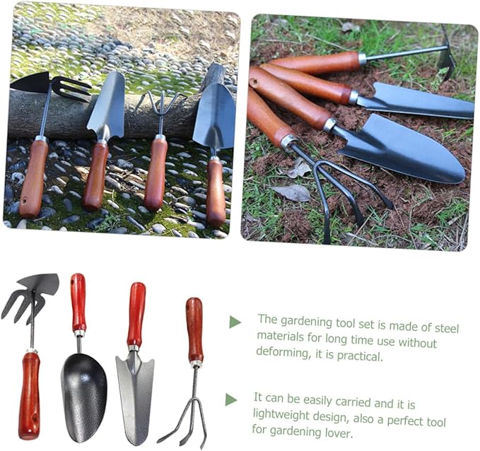 4pcs Mini Garden Tool Set with Metal Hand Trowel Narrow Shovel Three-Prong Cultivator and Dual-use Hoe for Planting and Soil Scooping in Home Gardening