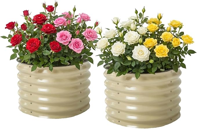 17 Tall Herb Raised Garden Bed for Basil Lavender Sages 24 Wide Round Fruit Tomato Planter Box for Gardening Blueberries Figs Flower Metal Pot Container for Rose Twin Pack Pearl White