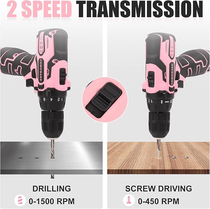 COMOWARE Pink Cordless Drill Set for Women 12V Lightweight Electric Screwdriver with 3/8 Keyless Chuck 1.5Ah Battery - Portable Power Drill Kit with Pink Tool Bag for Home DIY Projects