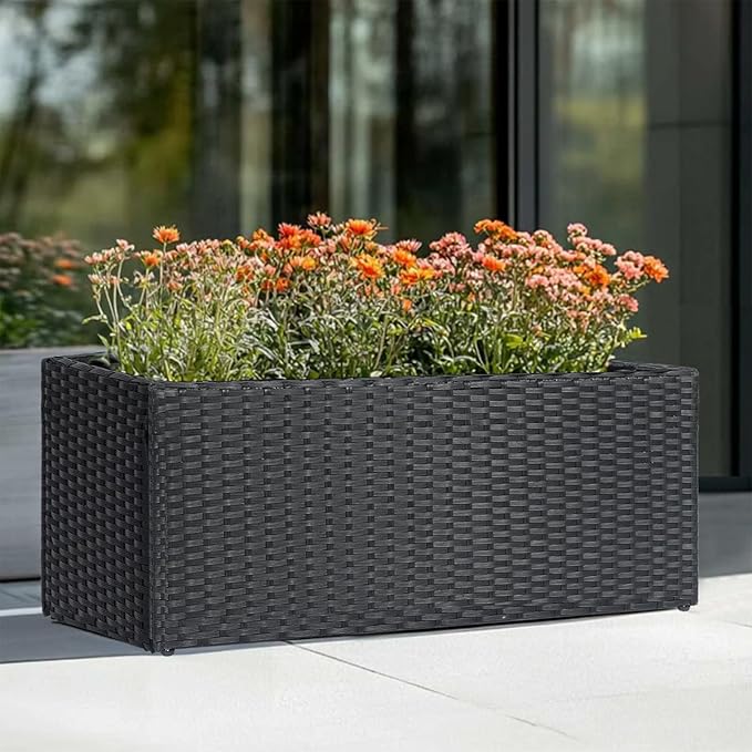 LEWIS&ampWAYNE Large Rectangular Block Planter Box Handmade Wicker Tall Planters for Outdoor Plants with Removable Liners Modern Planter for Indoor Outdoor Patio Deck - Black 30''x12''x16''
