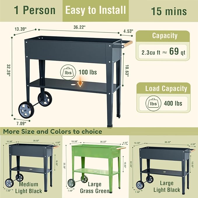 Raised Garden Bed Outdoor with Wheels &amp Legs for Mobility Solid Lower Storage Shelf &amp Wooden Handle Metal Elevated Raised Planter Box for Backyard Balcony 400lb Cap.(Light Black 36 inch)