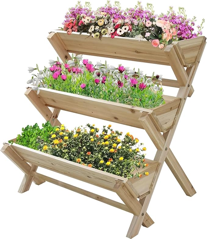 3 Tier 47 x 47 x 22in Raised Garden Bed Horticulture Outdoor Elevated Flower Box Tiered Garden Bed Wooden Vegetables Growing Planter for Backyard/Patio/Gardener (Color : Natural)