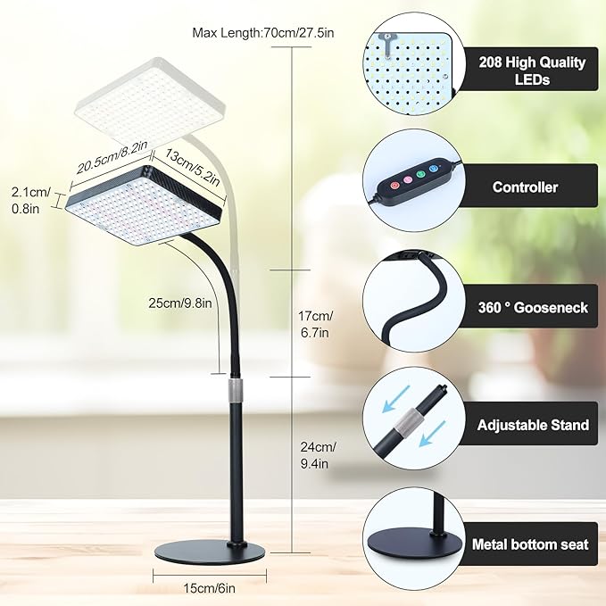 Tabletop Grow Lights for Indoor Plants 25 Watt Bright Natural Sunlight Full Spectrum Plant Growing Lamps for Houseplants &amp Bonsai 4/8/12/16/20H Timer Plant Light Auto On/Off Everyday