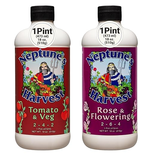 Neptune's Harvest Organic Plant Fertilizer | Liquid Fertilizer for Lawn Garden &amp Houseplant | Rich in Essential Nutrients | Tomato &amp Veg 2-4-2 (Pint) + Rose &amp Flowering Plant Food 2-6-4 (