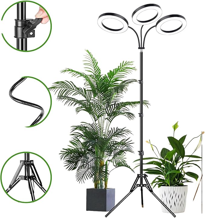 Plant Grow Light 3/9/12h Timer 6 Brightness 360 Gooseneck Tube 2/3 Heads 108 LEDs Full Spectrum Plant Light with Height Adjustable &amp Tripod Stand for Indoor (US Plug 3 Heads 28W Use 3A