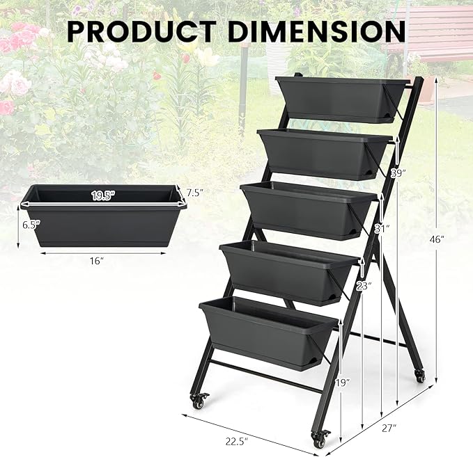 Giantex Set of 2 Vertical Raised Garden Bed on Wheels Elevated Planter Raised Beds with Water Drainage Freestanding 5 Container Boxes for Vegetables and Flowers Growing Outdoor Indoor Patio Balcony