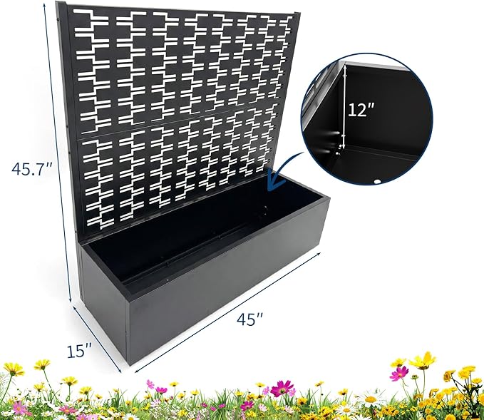 Garvee Metal Planter Box with Trellis 45.7x45x15 Raised Garden Beds with Trellis for Climbing Plants Vegetables Privacy Screen Planter Box with Drainage Holes for Patio Balcony Black