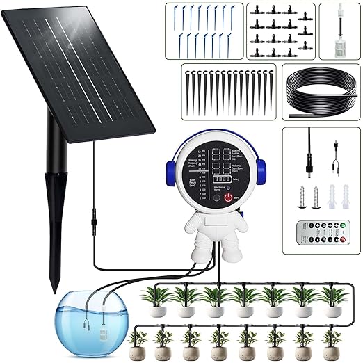 Solar Drip Irrigation System for Garden/Outdoor/Indoor Garden Solar Automatic Watering System for 15 Potted Plants Vacation Automatic Plant Waterer Outdoor with 2500mAh Battery 50Ft Tube