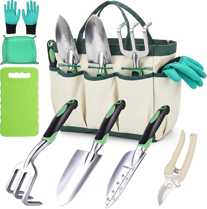 8-Piece Heavy-Duty Gardening Tools Set with Tote Bag - Rust-Proof Aluminum Gardening Hand Tools with Ergonomic Non-Slip Rubber Grips - Gardening Supplies Set Ideal Gift for Men &amp Women