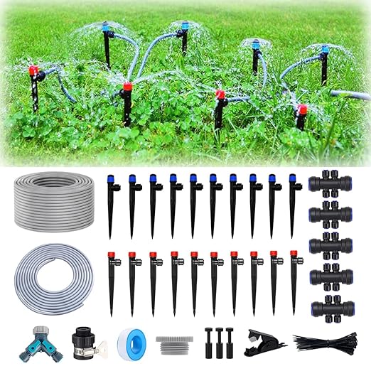 82FT Drip Irrigation Kit 1/4-inch Drip Irrigation Emitter Fan-Shaped Drip Irrigation Emitter Quick-Connect Automatic Drip Irrigation System Suitable for Watering Plants in Flowerpot Elevated Bed.