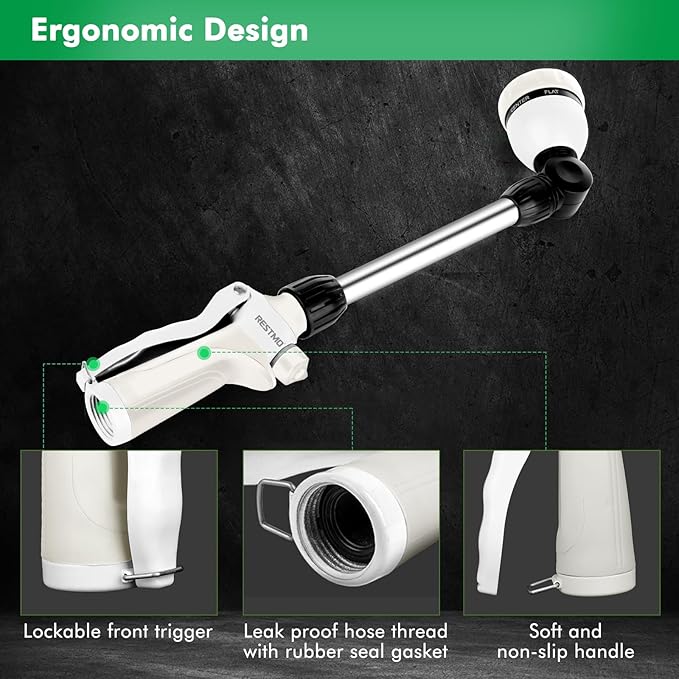 RESTMO Metal Watering Wand Heavy Duty Garden Hose Wand with 180° Swivel Ratcheting Head 16'' Hose Nozzle Sprayer with 7 Spray Patterns and Flow Control for Water Hanging Baskets and Shrubs White