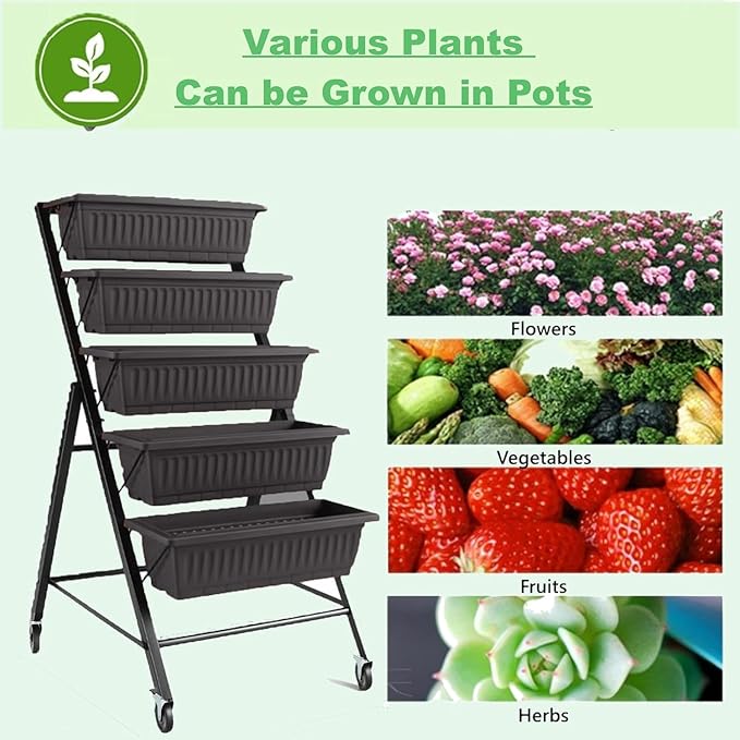 Homdox 2 Pack Elevated Garden Bed 5-Tier Freestanding Vertical Raised Bed for Gardening 5 Garden Planter Boxes &amp 5 Hooks Perfect to Grow Vegetables Herbs Flowers Outdoor Indoor Black with Whee