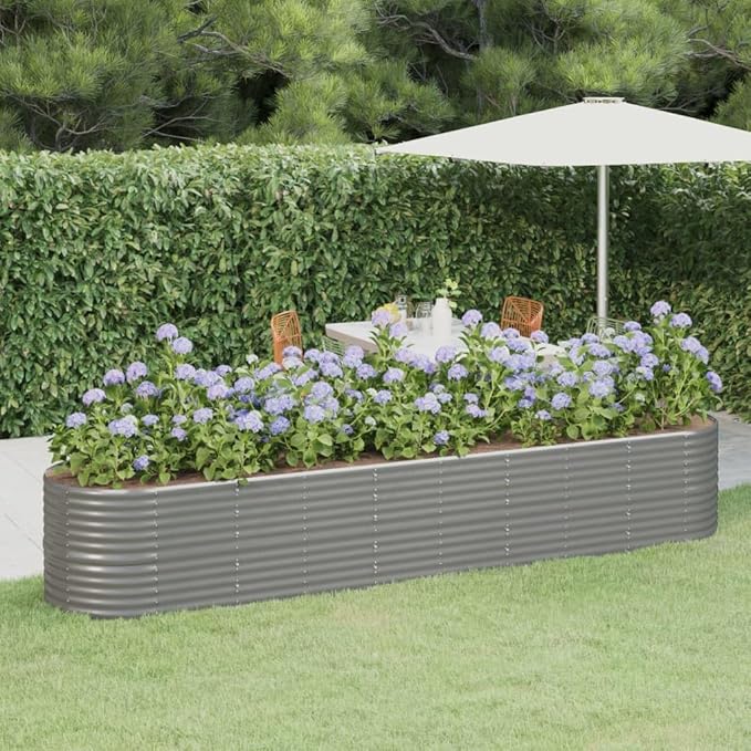 Powder-Coated Steel Garden Raised Bed Oval Shape Planter Box Metal Raised Garden Beds for Flowers Vegetables Herbs 144.9x31.5x26.8 Gray-695