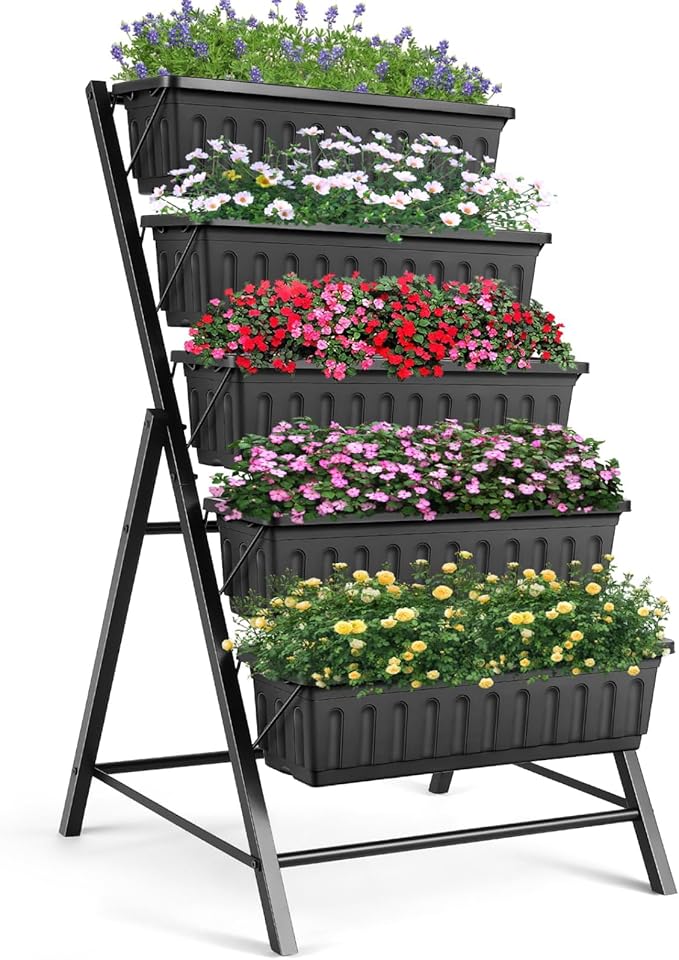 Suyncll Vertical Raised Garden Bed Planter Box5 Tiers Vertical Garden Planter with Drainage System&amp4 Hooks for Herb Vegetables Flowers