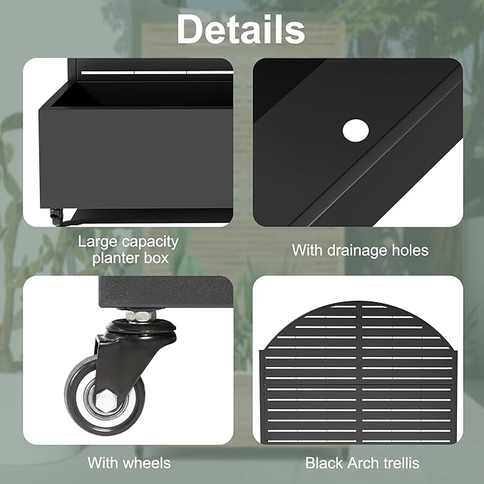 Metal Planter Box with Trellis for Climbing Plants Vegetables Raised Garden Beds with Privacy Screen &amp Wheels Standing Flower Box with Drainage Holes (47 L Black Arch)
