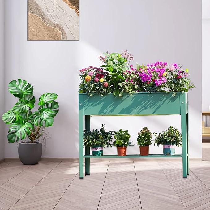 Raised Garden Bed Elevated Green Metal Plant Box with Legs Standing Garden Stand with Drainage Holes (40 L x 11 W x 31 H)