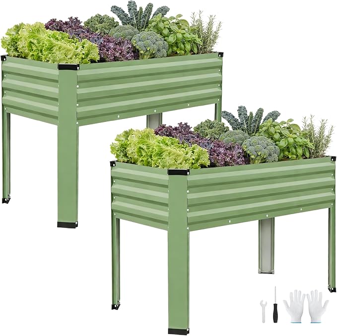 Galvanized Raised Garden Bed with Legs 2Pack 48x24x32in Elevated Raised Garden Bed Outdoor with Drainage Holes Planter Boxes for Gardening Vegetable Flower in Backyard Patio Balcony (OliveGreen)