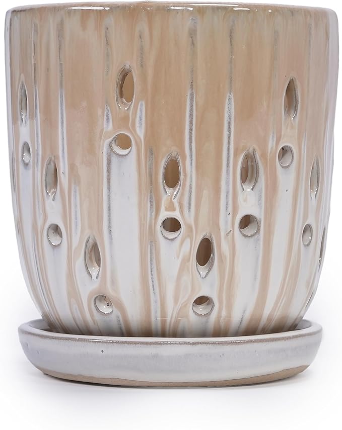 Handmade Ceramic Planter Set of 2 8 6 Diameter Beige with Vertical Stripes Oval Holes for Orchids Herbs IndoorOutdoor Shelf Table Use Breathable Clay