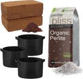 Seed Starting Soil Mix (24 Qts) - Coco Coir 650gm Bricks (2-Pack) + Perlite Bliss + 3 Gallon Grow Bags - Seed Starter Soil for Indoor Plants Outdoor Plants Seedlings - Organic Coco Coir Perlite Mix