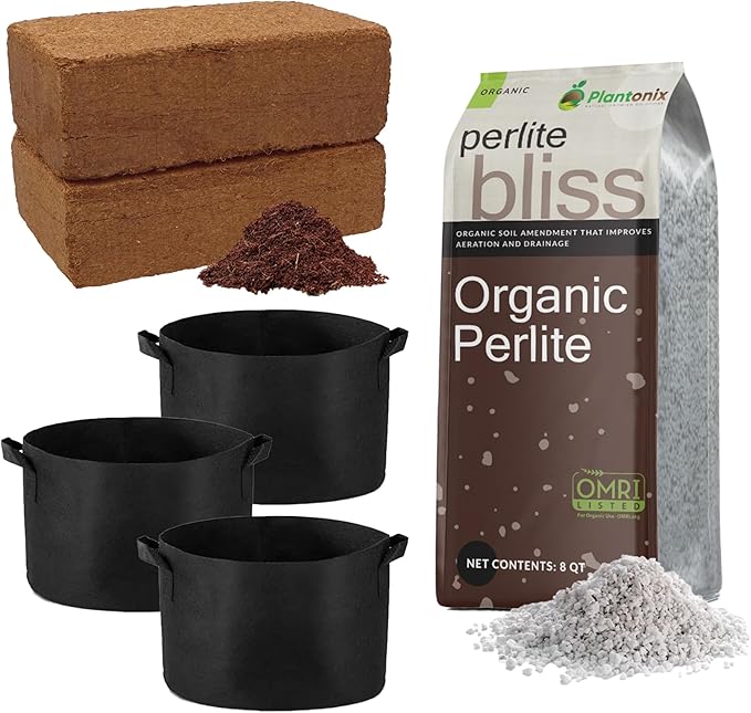 Seed Starting Soil Mix (24 Qts) - Coco Coir 650gm Bricks (2-Pack) + Perlite Bliss + 3 Gallon Grow Bags - Seed Starter Soil for Indoor Plants Outdoor Plants Seedlings - Organic Coco Coir Perlite Mix