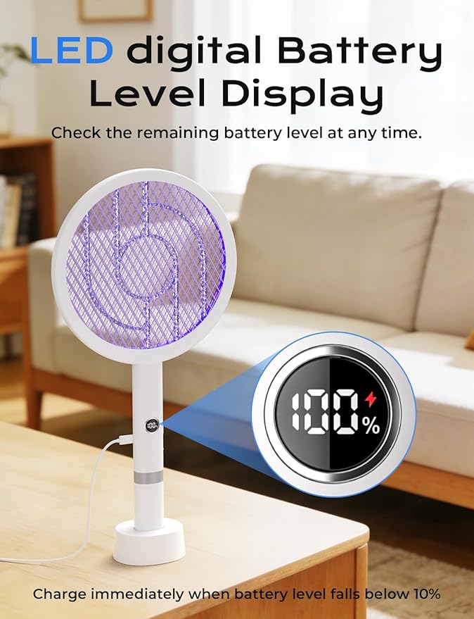 YISSVIC Electric Fly Swatter Bug Zapper Racket 4000V LED Screen Dual Modes Fly Zapper Rechargeable for Indoor Home Office Backyard Patio Camping