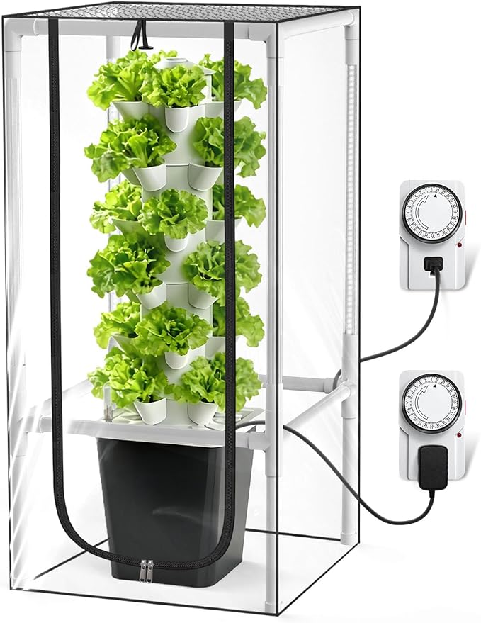 JESLED Hydroponic Growing System Hydroponic Tower with 5000K Full-Spectrum Grow Lights Dual Timers for Auto Watering &amp Lighting Grows 30 Herbs &amp Vegetables Indoor Garden with Tent 10L Wat