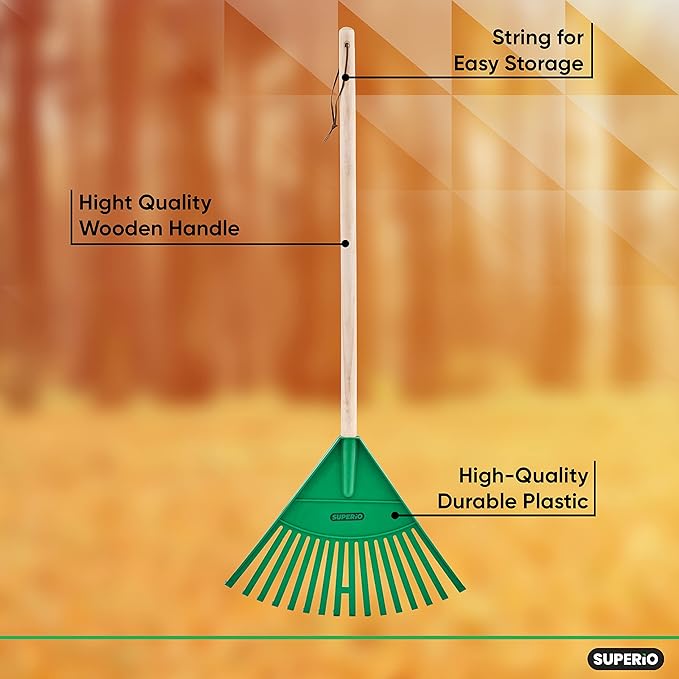 Superio Green Adult and Kids Garden Rakes with Hardwood Handle Durable Plastic Collect Loose Debris and Leaves in Lawn and Among Delicate Plants